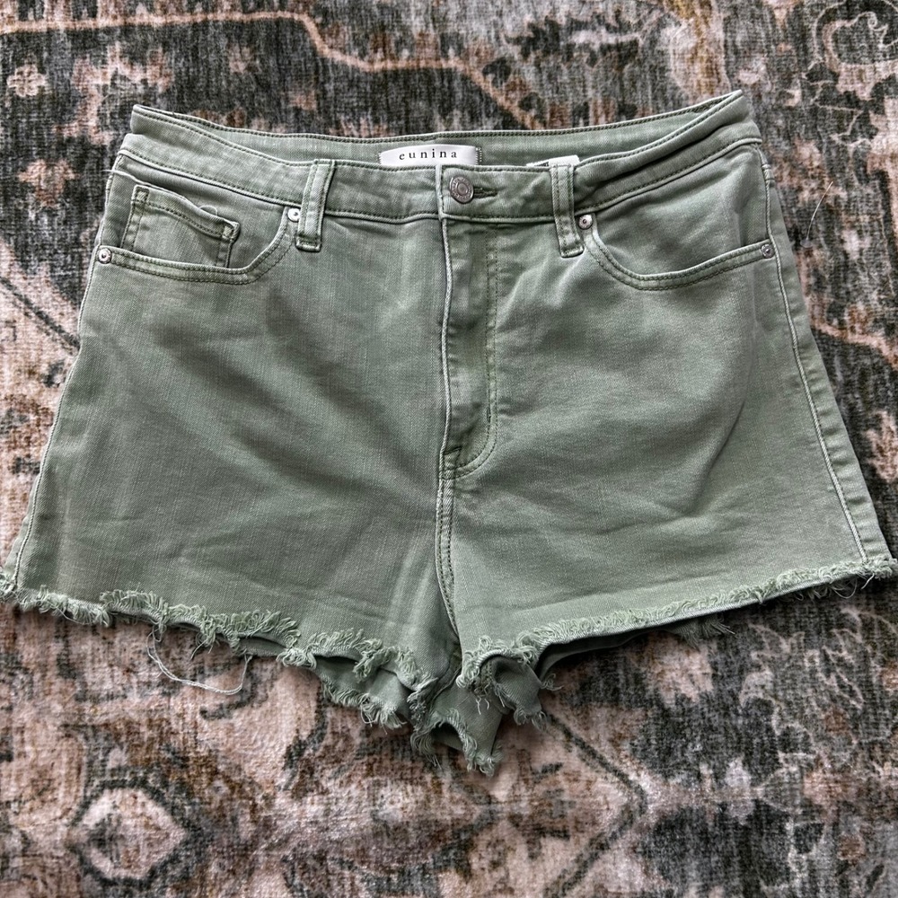 Eunina Super High Rise Cut Off Shorts Sage Green Jade Denim Womens Size L
